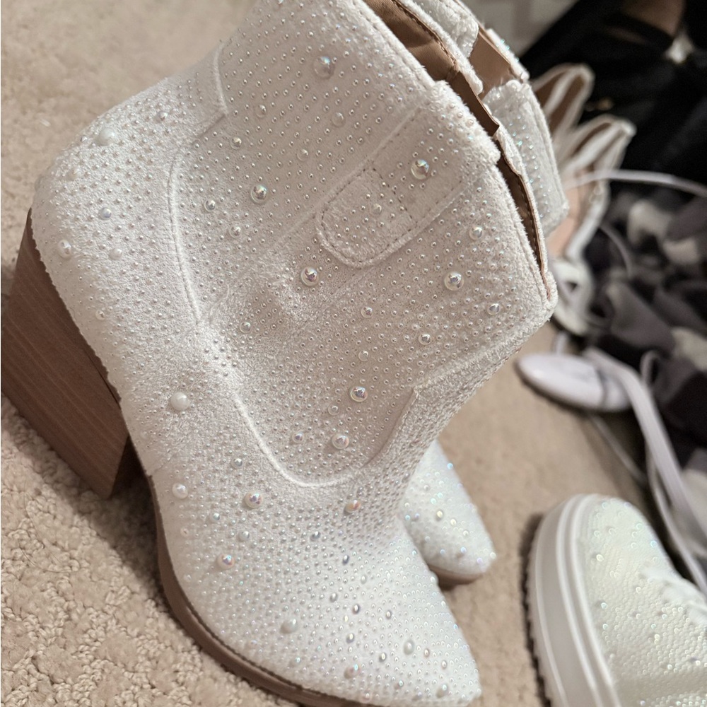 Elegant White Embellished Ankle Boots